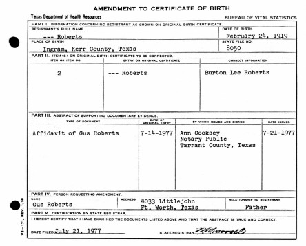 B.L. Roberts ammended birth certificate
